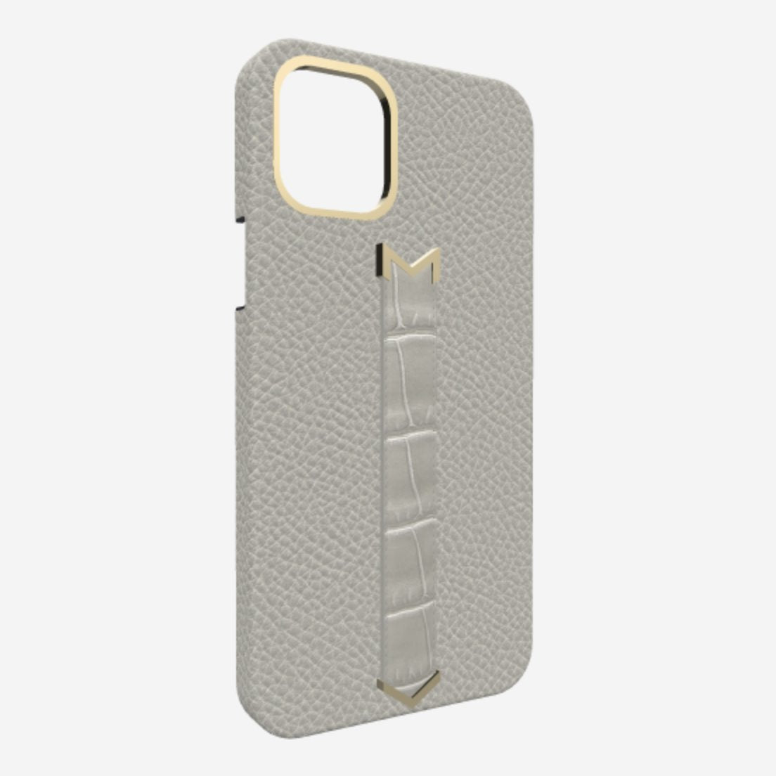 Gold Finger Strap Case for iPhone 13 in Genuine Calfskin and Alligator Pearl Grey Pearl Grey 