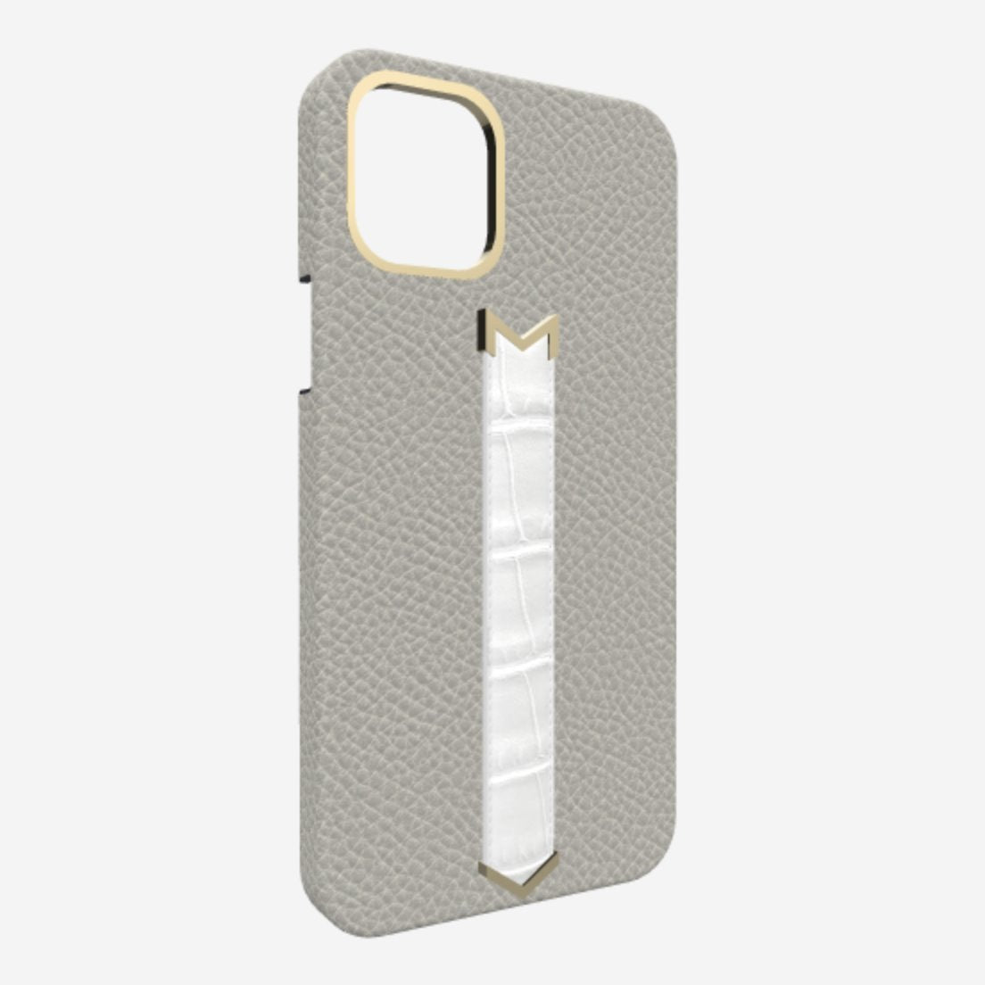 Gold Finger Strap Case for iPhone 13 in Genuine Calfskin and Alligator Pearl Grey White Angel 