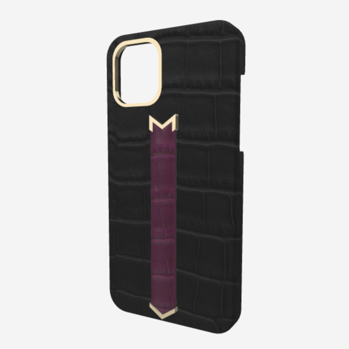 Gold Finger Strap Case for iPhone 13 Pro in Genuine Alligator Bond Black Boysenberry Island 