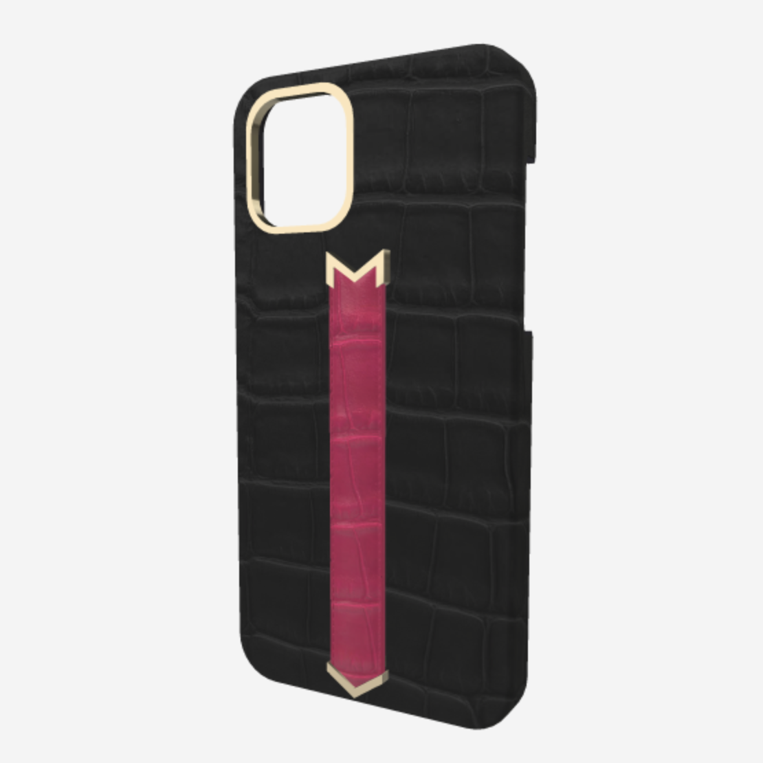 Gold Finger Strap Case for iPhone 13 Pro in Genuine Alligator Bond Black Fuchsia Party 
