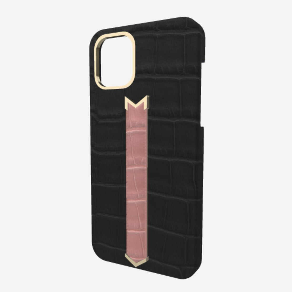 Gold Finger Strap Case for iPhone 13 Pro in Genuine Alligator Bond Black Sweet Rose 