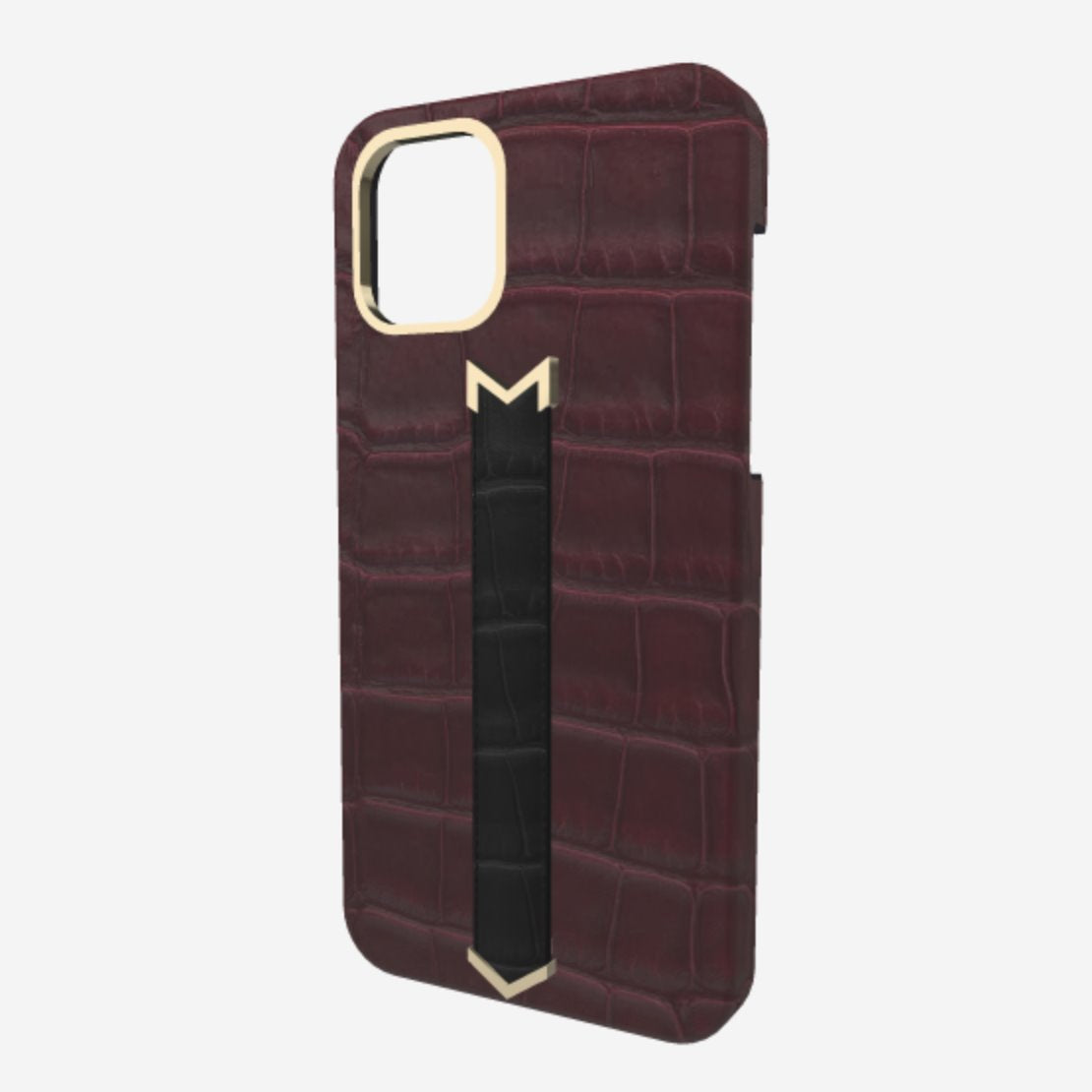 Gold Finger Strap Case for iPhone 13 Pro in Genuine Alligator Burgundy Palace Bond Black 