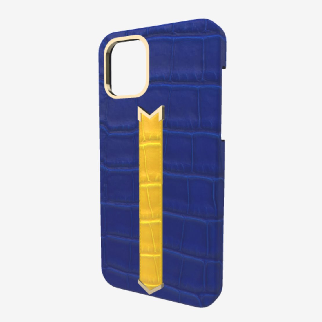 Gold Finger Strap Case for iPhone 13 Pro in Genuine Alligator Electric Blue Summer Yellow 