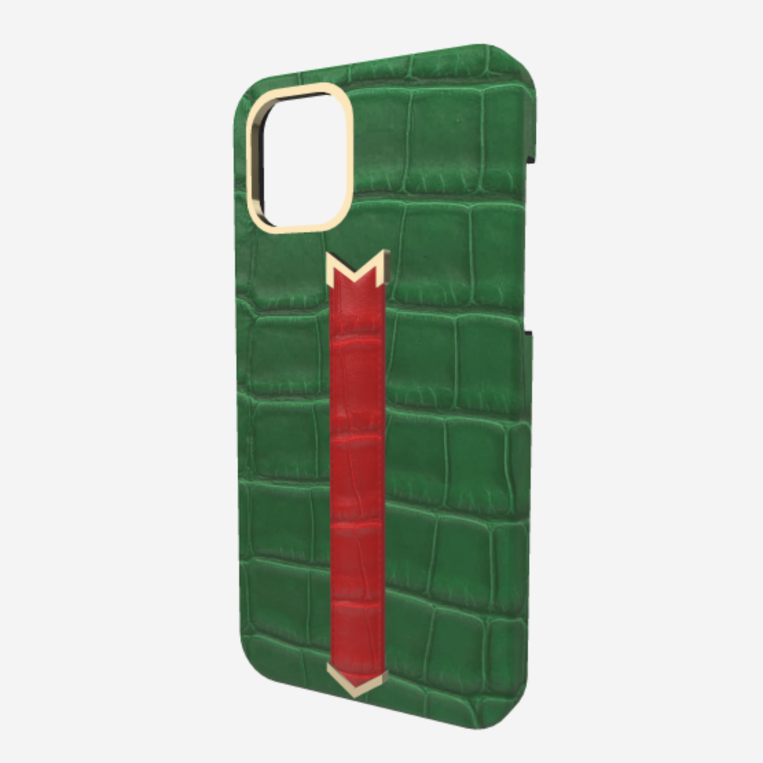 Gold Finger Strap Case for iPhone 13 Pro in Genuine Alligator Emerald Green Glamour Red 