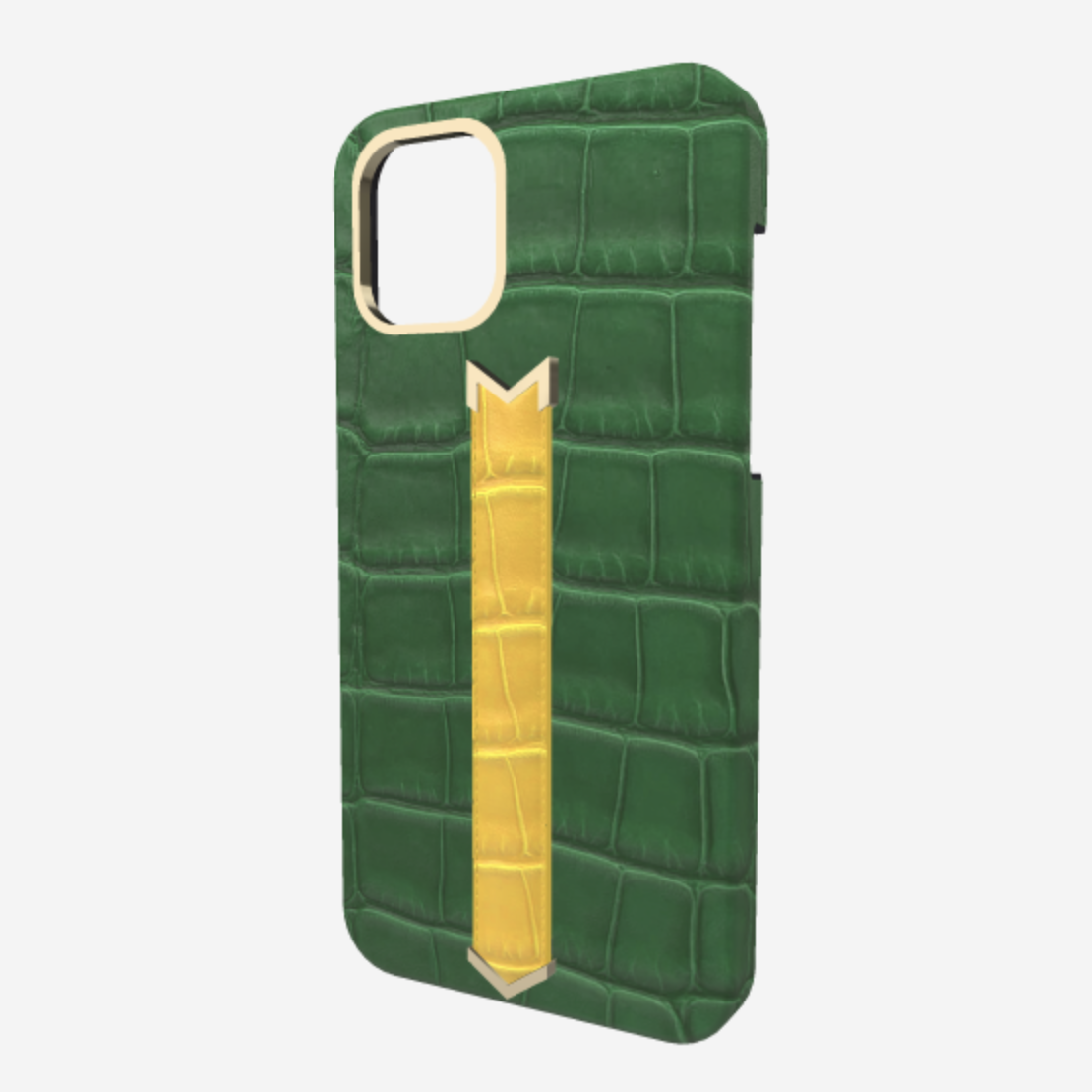 Gold Finger Strap Case for iPhone 13 Pro in Genuine Alligator Emerald Green Summer Yellow 