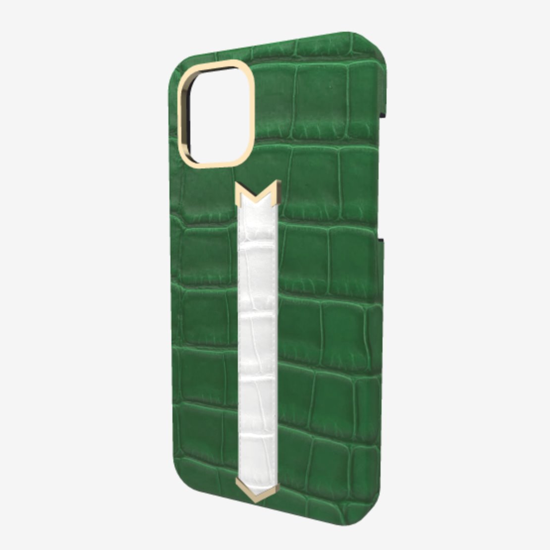 Gold Finger Strap Case for iPhone 13 Pro in Genuine Alligator Emerald Green White Angel 