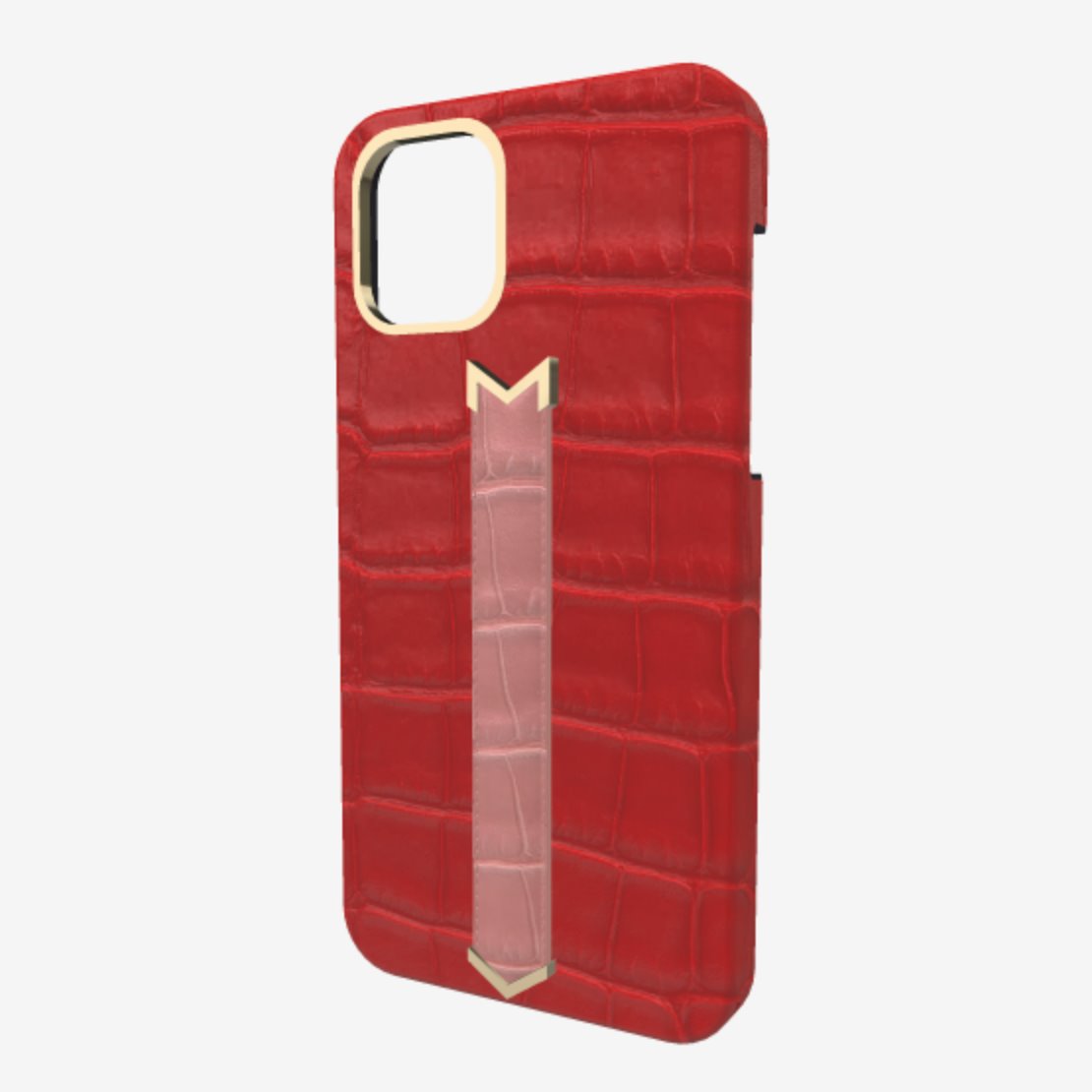 Gold Finger Strap Case for iPhone 13 Pro in Genuine Alligator Glamour Red Sweet Rose 