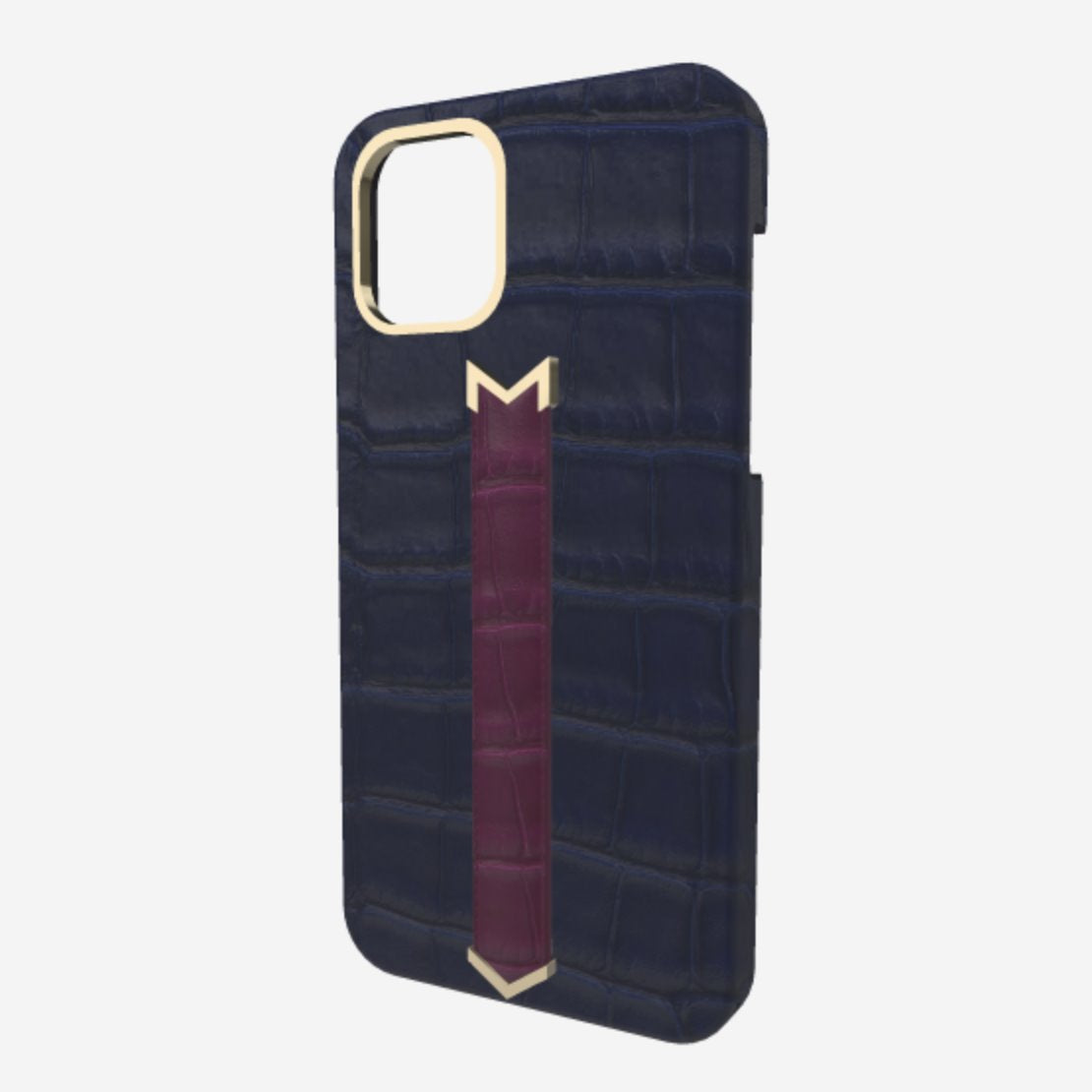 Gold Finger Strap Case for iPhone 13 Pro in Genuine Alligator Navy Blue Boysenberry Island 