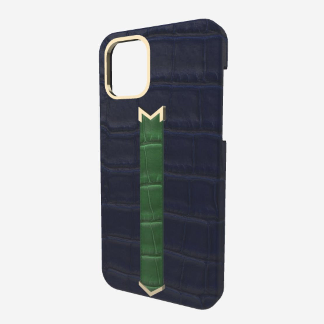 Gold Finger Strap Case for iPhone 13 Pro in Genuine Alligator Navy Blue Emerald Green 