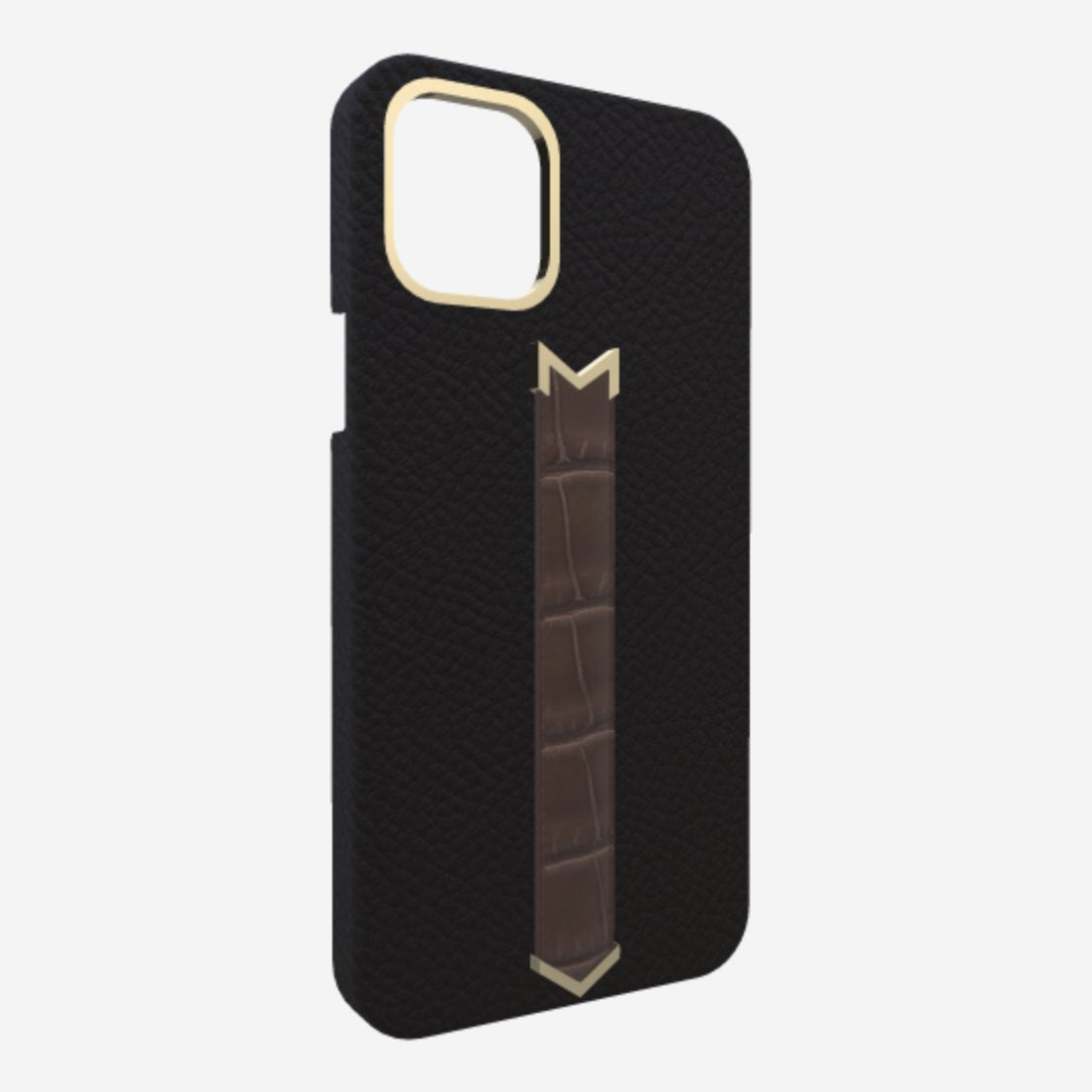 Gold Finger Strap Case for iPhone 13 Pro in Genuine Calfskin and Alligator Bond Black Borsalino Brown 