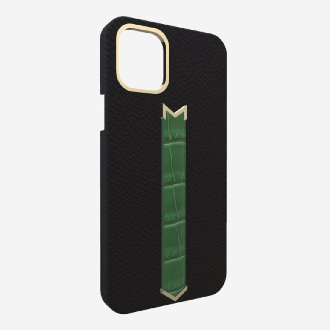 Gold Finger Strap Case for iPhone 13 Pro in Genuine Calfskin and Alligator Bond Black Emerald Green 