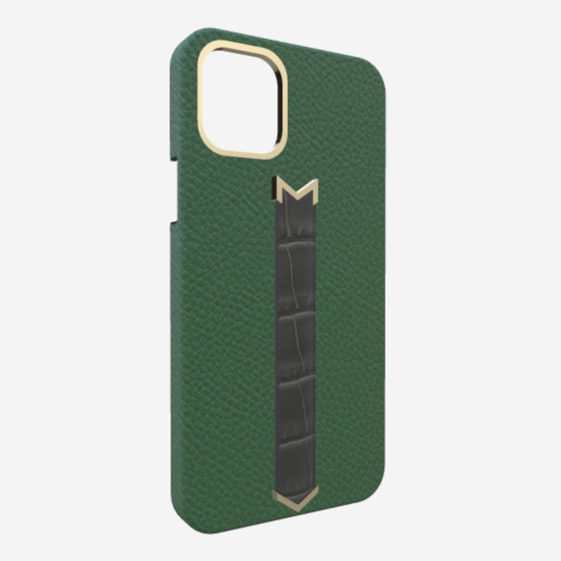 Gold Finger Strap Case for iPhone 13 Pro in Genuine Calfskin and Alligator Emerald Green Elite Grey 