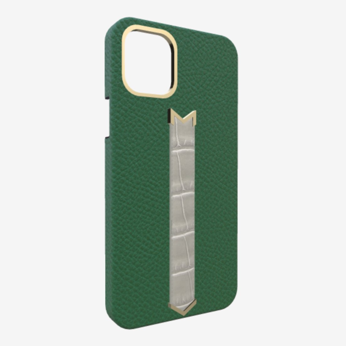Gold Finger Strap Case for iPhone 13 Pro in Genuine Calfskin and Alligator Emerald Green Pearl Grey 
