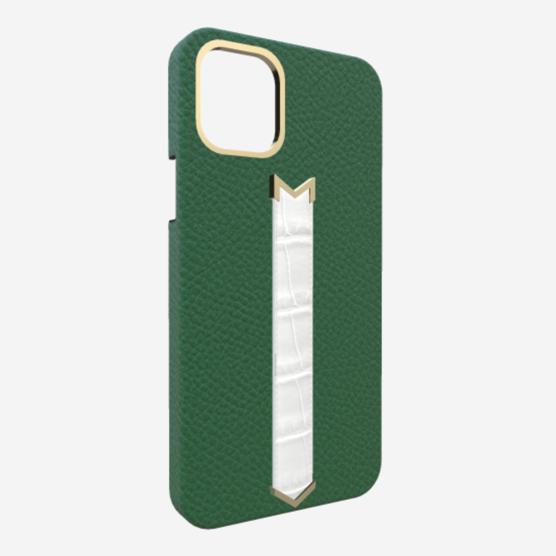 Gold Finger Strap Case for iPhone 13 Pro in Genuine Calfskin and Alligator Emerald Green White Angel 