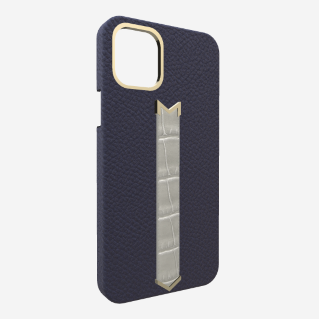 Gold Finger Strap Case for iPhone 13 Pro in Genuine Calfskin and Alligator Navy Blue Pearl Grey 