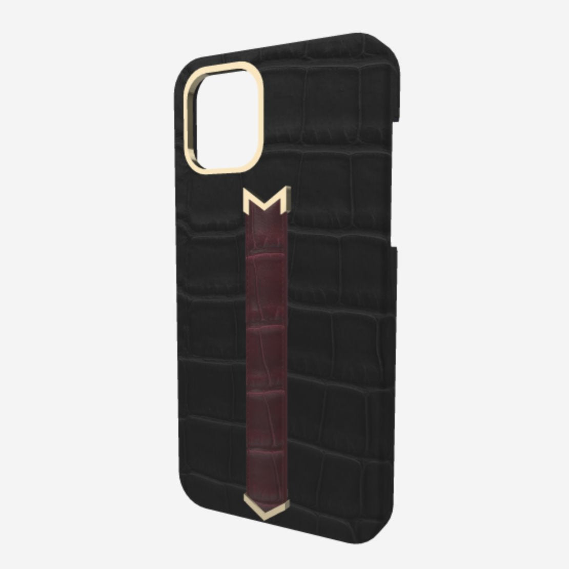Gold Finger Strap Case for iPhone 13 Pro Max in Genuine Alligator Bond Black Burgundy Palace 