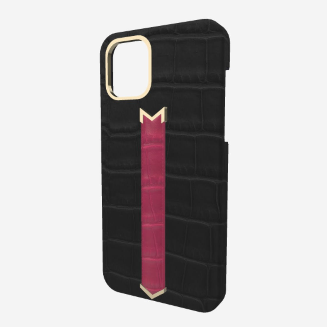Gold Finger Strap Case for iPhone 13 Pro Max in Genuine Alligator Bond Black Fuchsia Party 