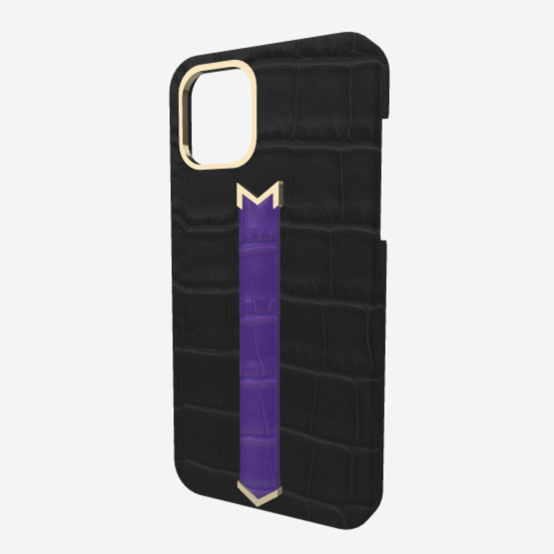 Gold Finger Strap Case for iPhone 13 Pro Max in Genuine Alligator Bond Black Purple Rain 