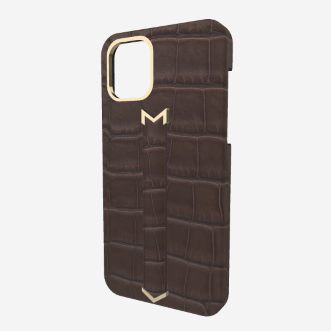 Gold Finger Strap Case for iPhone 13 Pro Max in Genuine Alligator Borsalino Brown Borsalino Brown 
