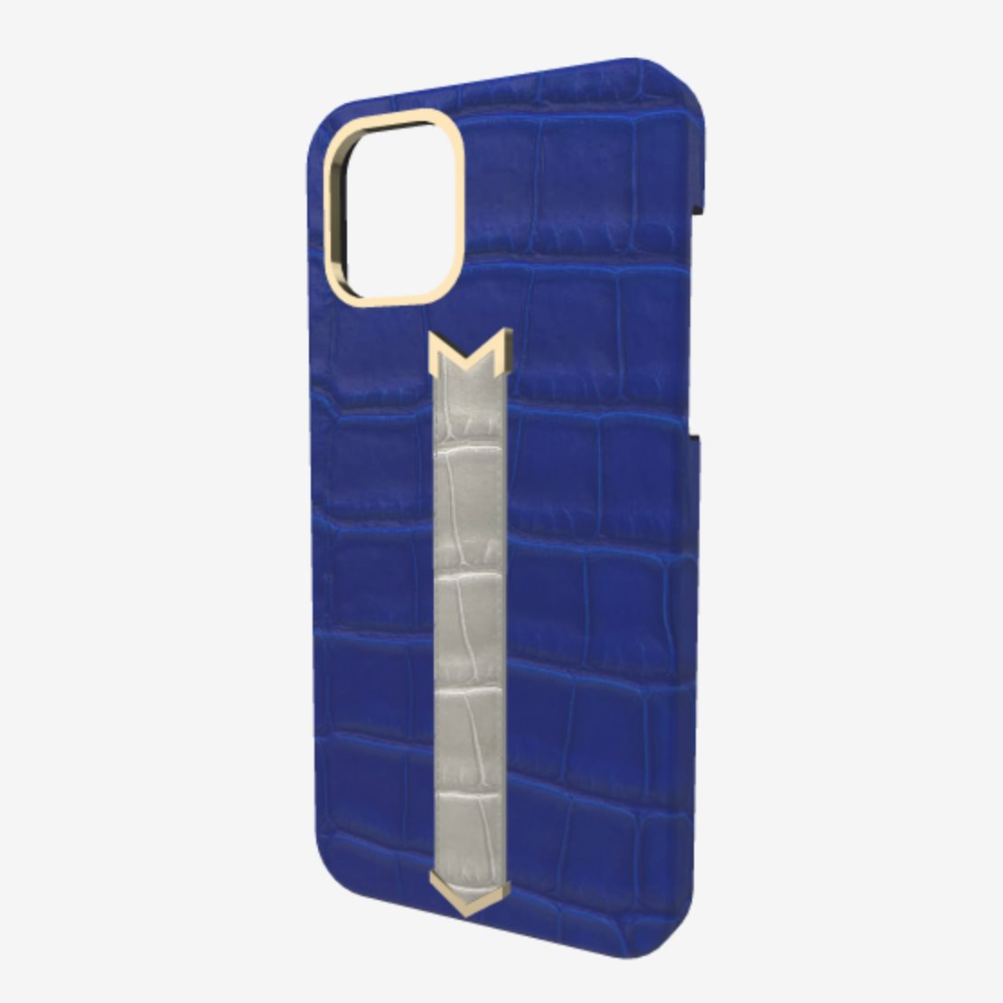 Gold Finger Strap Case for iPhone 13 Pro Max in Genuine Alligator Electric Blue Pearl Grey 
