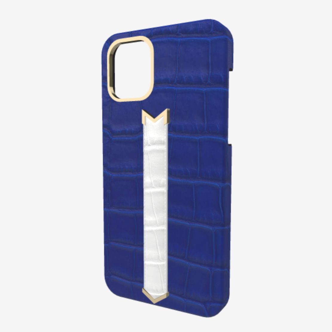 Gold Finger Strap Case for iPhone 13 Pro Max in Genuine Alligator Electric Blue White Angel 