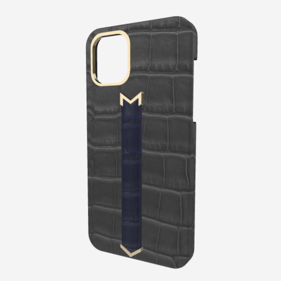 Gold Finger Strap Case for iPhone 13 Pro Max in Genuine Alligator Elite Grey Navy Blue 