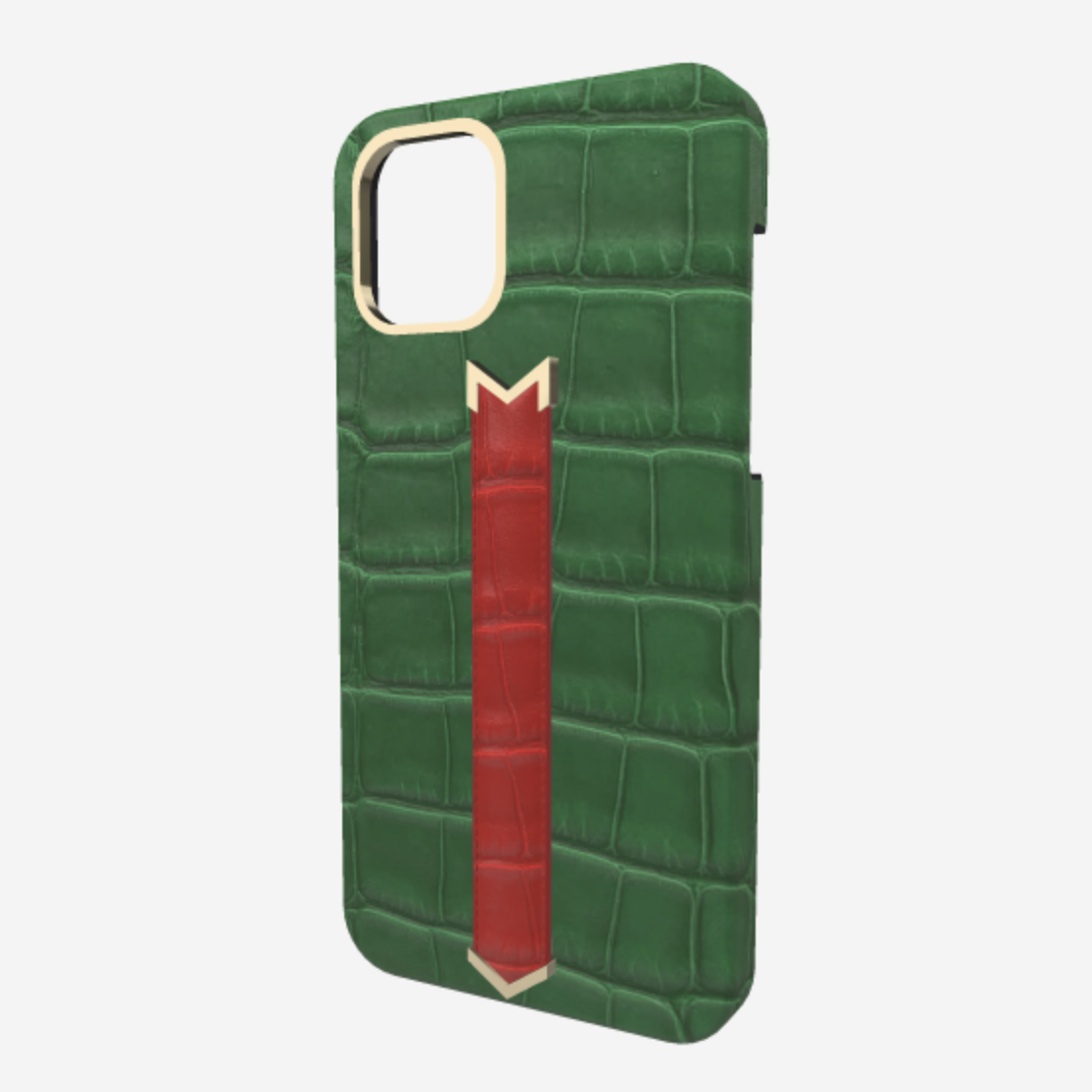 Gold Finger Strap Case for iPhone 13 Pro Max in Genuine Alligator Emerald Green Glamour Red 