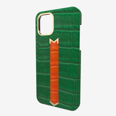 Gold Finger Strap Case for iPhone 13 Pro Max in Genuine Alligator Emerald Green Orange Cocktail 