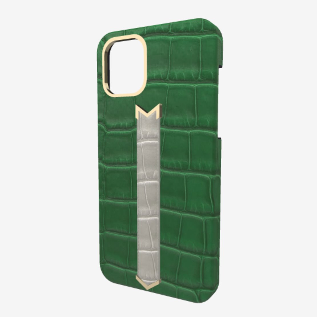 Gold Finger Strap Case for iPhone 13 Pro Max in Genuine Alligator Emerald Green Pearl Grey 