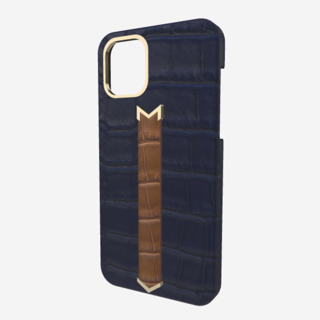 Gold Finger Strap Case for iPhone 13 Pro Max in Genuine Alligator Navy Blue Belmondo Brown 