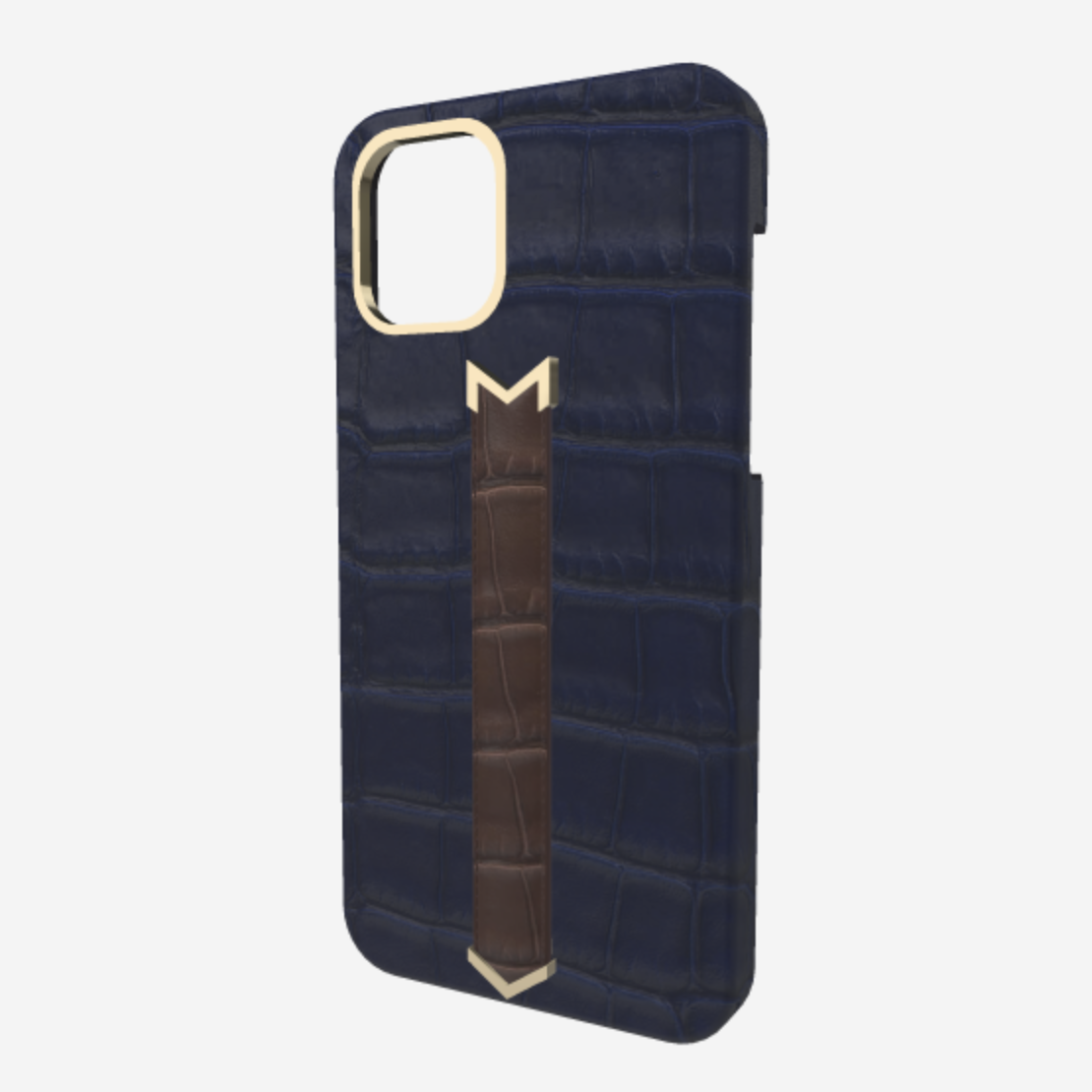 Gold Finger Strap Case for iPhone 13 Pro Max in Genuine Alligator Navy Blue Borsalino Brown 