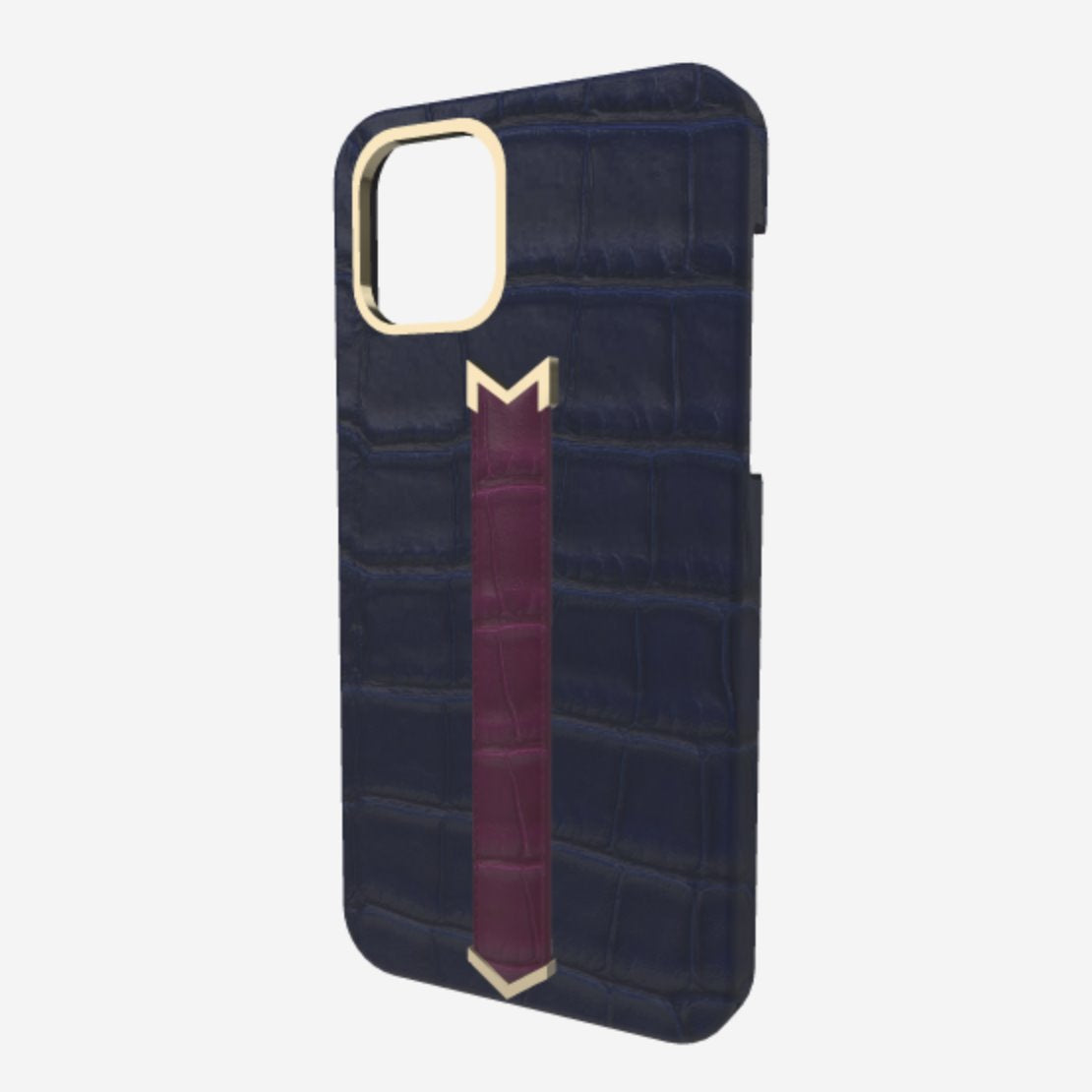Gold Finger Strap Case for iPhone 13 Pro Max in Genuine Alligator Navy Blue Boysenberry Island 