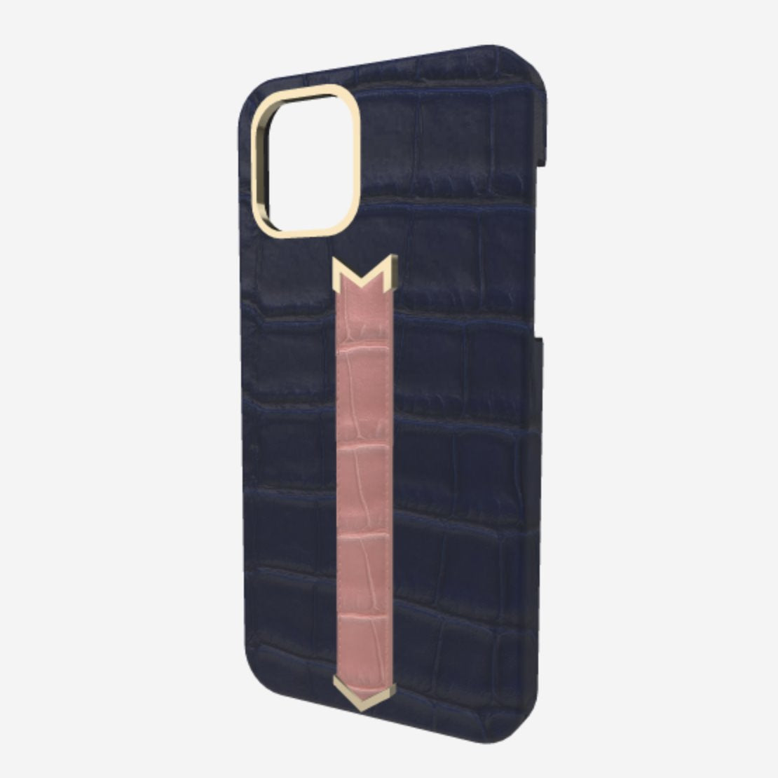 Gold Finger Strap Case for iPhone 13 Pro Max in Genuine Alligator Navy Blue Sweet Rose 