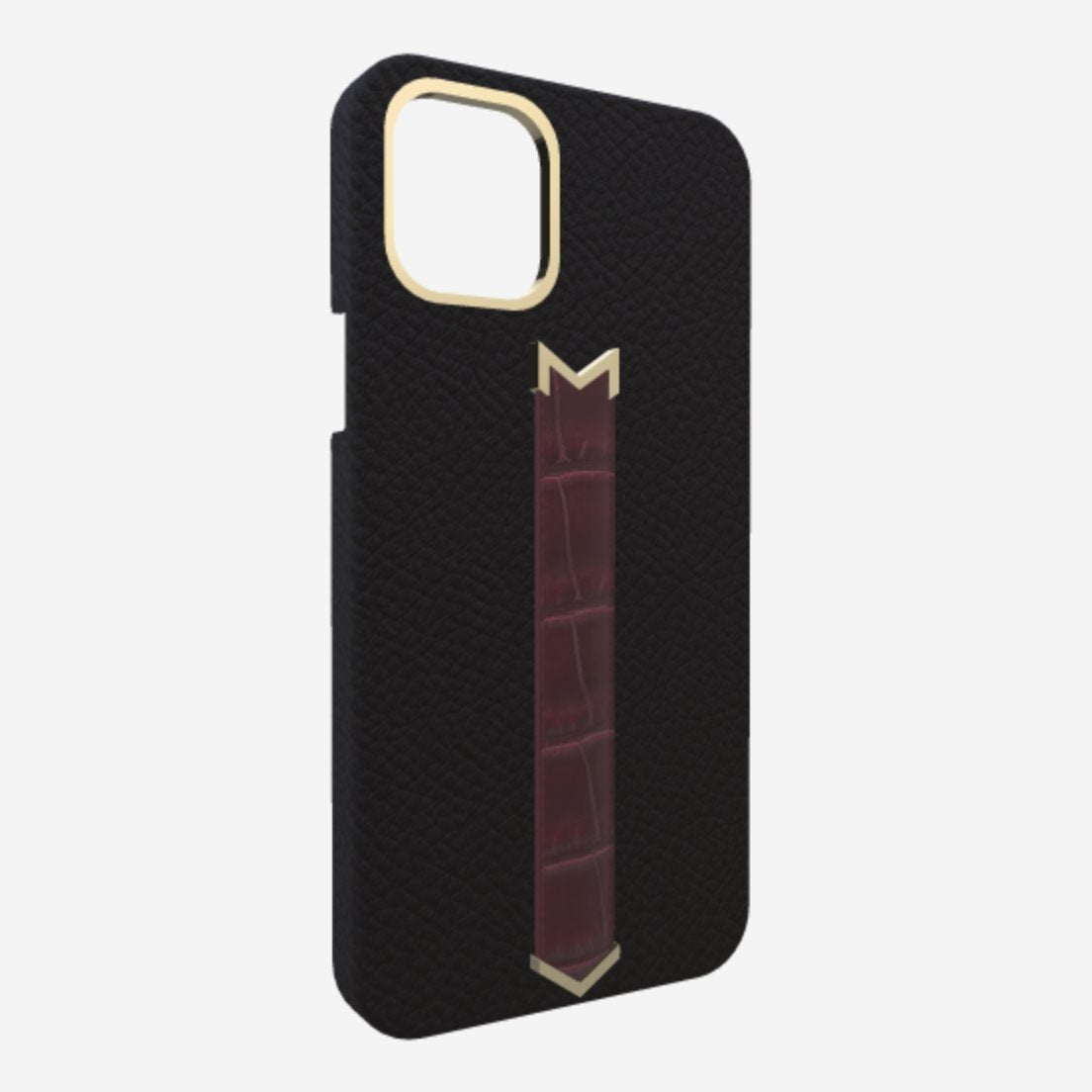 Gold Finger Strap Case for iPhone 13 Pro Max in Genuine Calfskin and Alligator Bond Black Burgundy Palace 