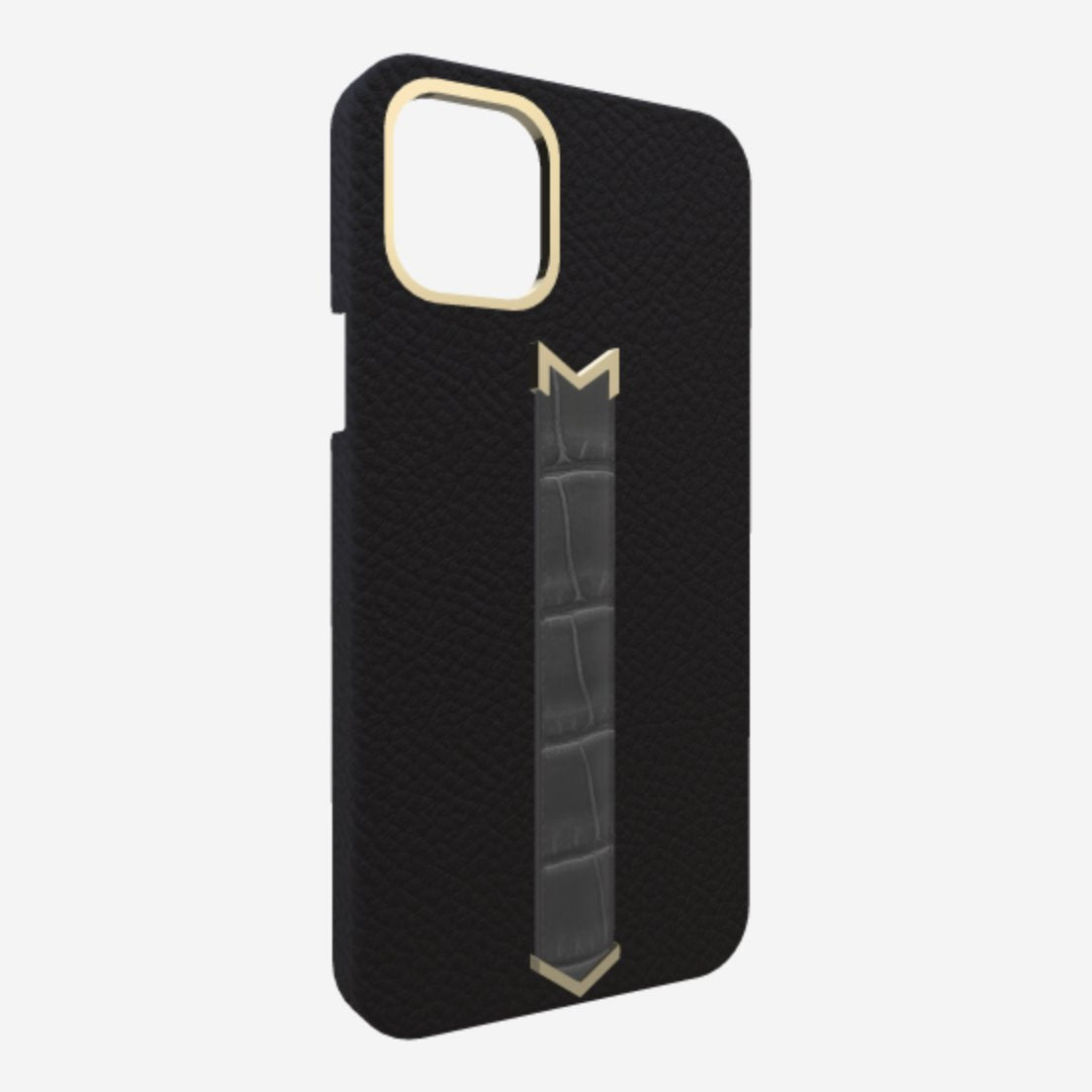 Gold Finger Strap Case for iPhone 13 Pro Max in Genuine Calfskin and Alligator Bond Black Elite Grey 