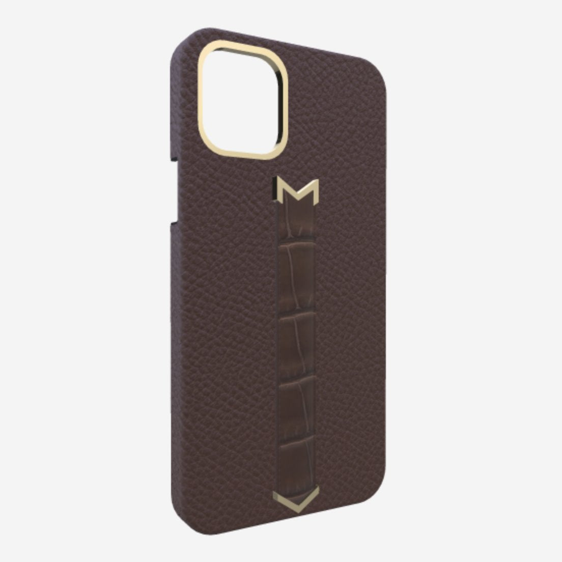 Gold Finger Strap Case for iPhone 13 Pro Max in Genuine Calfskin and Alligator Borsalino Brown Borsalino Brown 