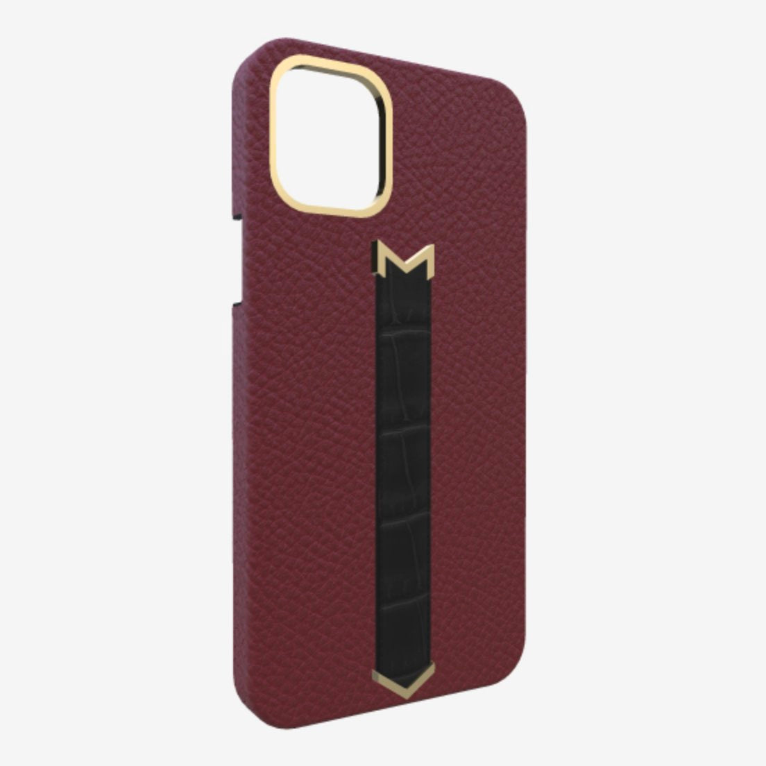 Gold Finger Strap Case for iPhone 13 Pro Max in Genuine Calfskin and Alligator Burgundy Palace Bond Black 