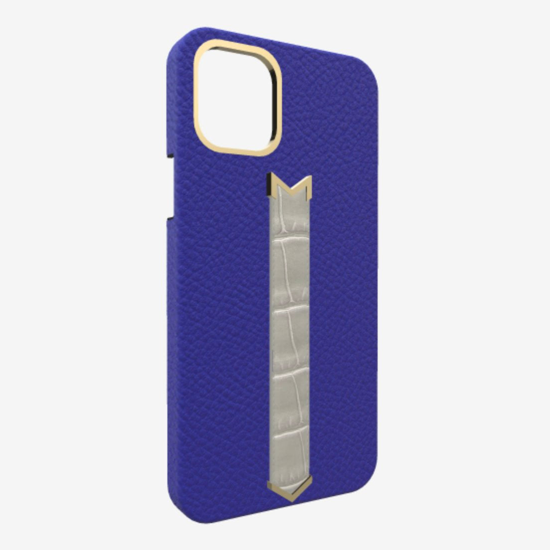 Gold Finger Strap Case for iPhone 13 Pro Max in Genuine Calfskin and Alligator Electric Blue Pearl Grey 