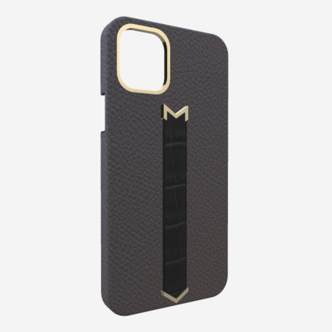 Gold Finger Strap Case for iPhone 13 Pro Max in Genuine Calfskin and Alligator Elite Grey Bond Black 