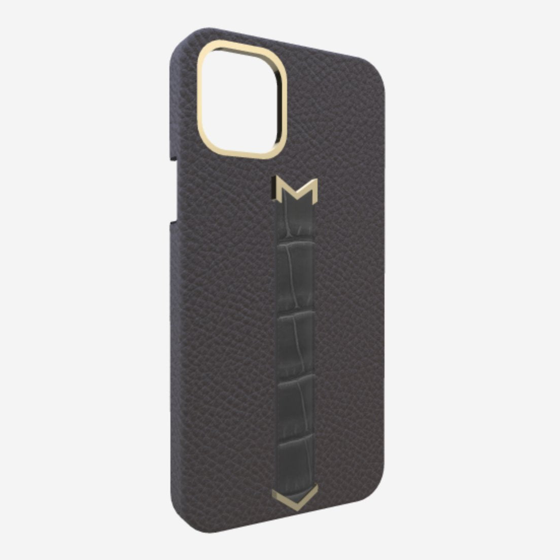 Gold Finger Strap Case for iPhone 13 Pro Max in Genuine Calfskin and Alligator Elite Grey Elite Grey 