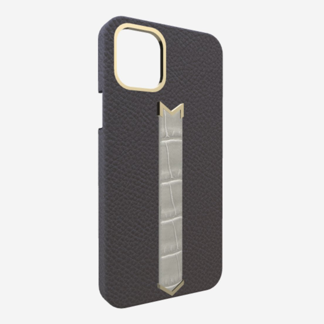 Gold Finger Strap Case for iPhone 13 Pro Max in Genuine Calfskin and Alligator Elite Grey Pearl Grey 