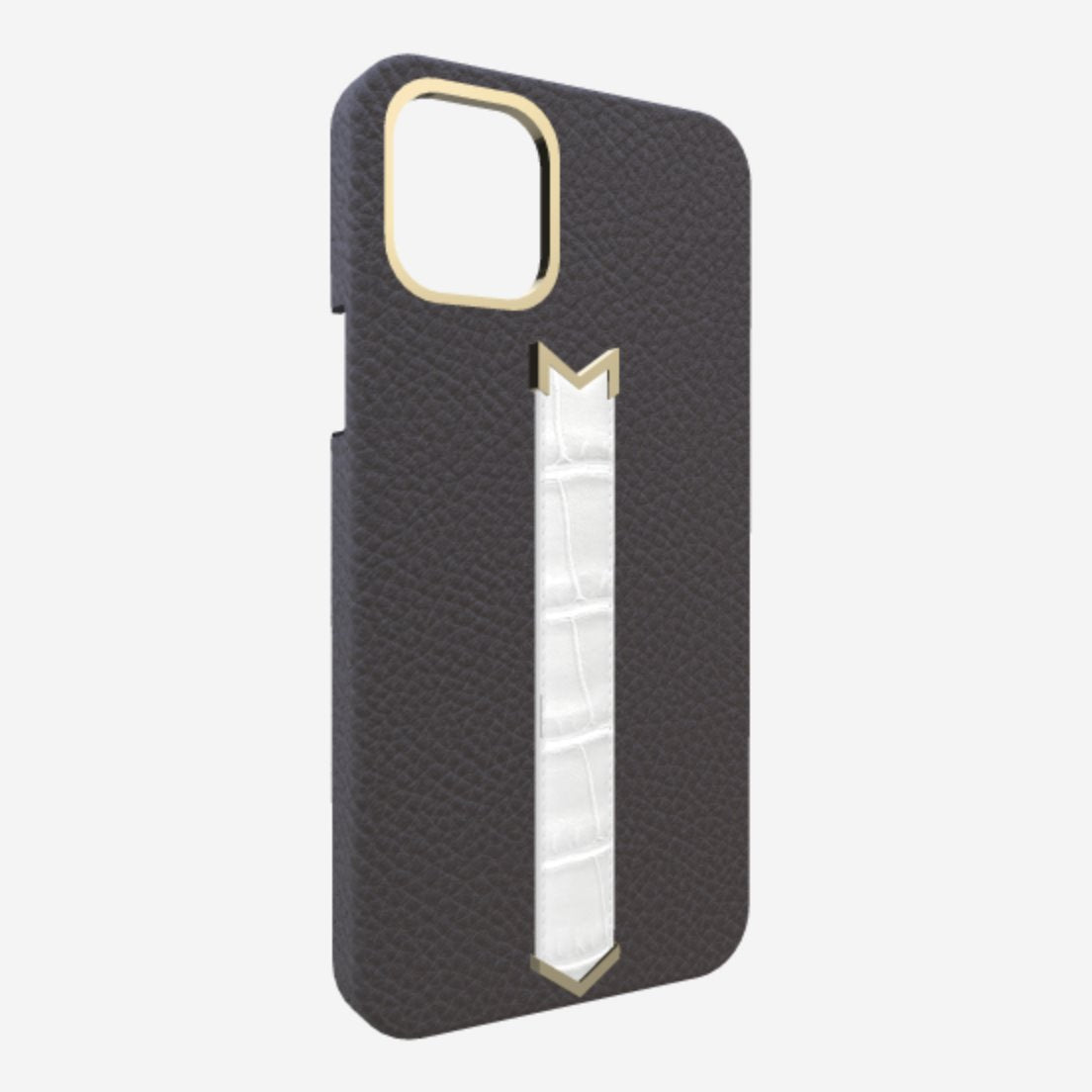 Gold Finger Strap Case for iPhone 13 Pro Max in Genuine Calfskin and Alligator Elite Grey White Angel 