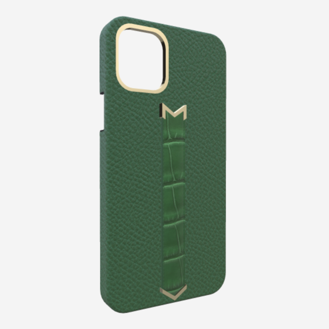 Gold Finger Strap Case for iPhone 13 Pro Max in Genuine Calfskin and Alligator Emerald Green Emerald Green 