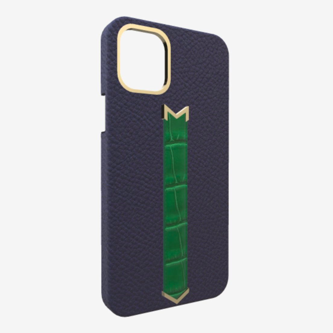 Gold Finger Strap Case for iPhone 13 Pro Max in Genuine Calfskin and Alligator Navy Blue Emerald Green 