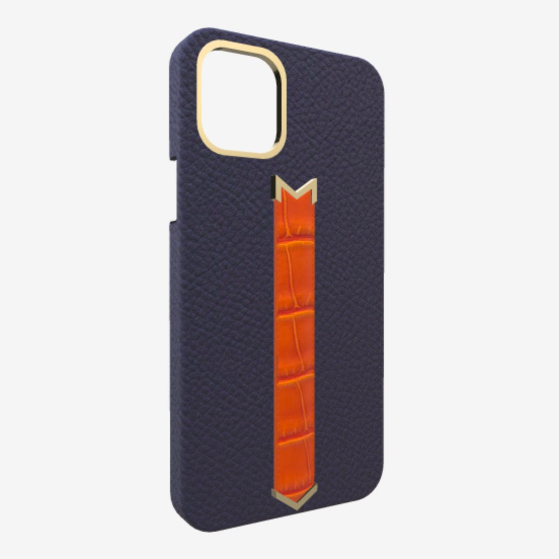 Gold Finger Strap Case for iPhone 13 Pro Max in Genuine Calfskin and Alligator Navy Blue Orange Cocktail 