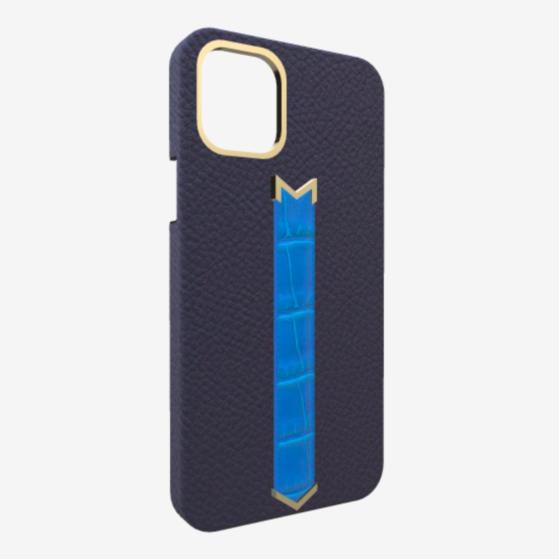 Gold Finger Strap Case for iPhone 13 Pro Max in Genuine Calfskin and Alligator Navy Blue Royal Blue 
