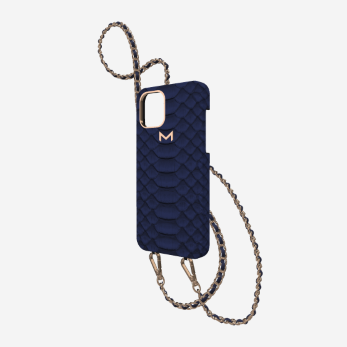 Necklace Case for iPhone 12 Pro Max in Genuine Python Navy Blue Rose Gold 