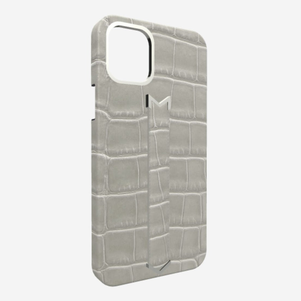 Silver Finger Strap Case for iPhone 13 in Genuine Alligator 