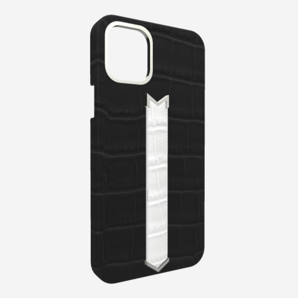 Silver Finger Strap Case for iPhone 13 in Genuine Alligator 