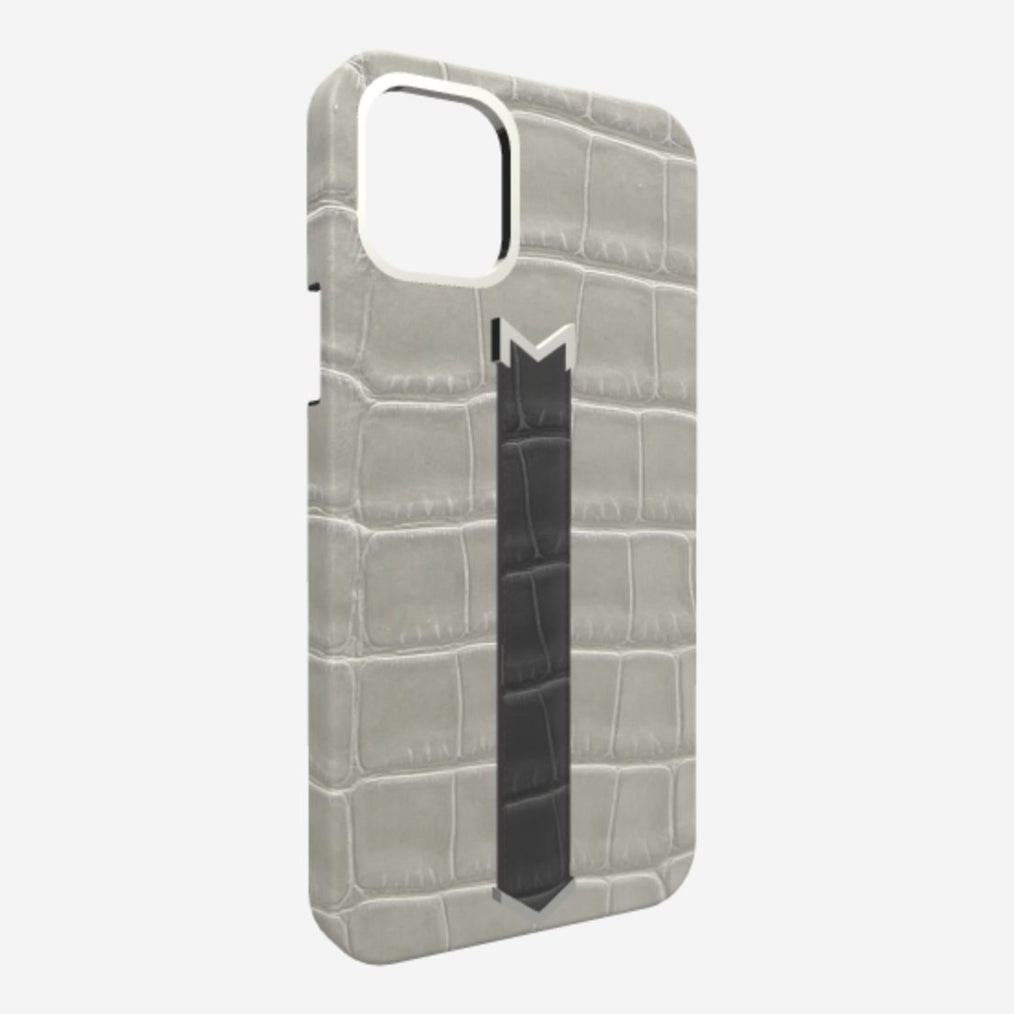 Silver Finger Strap Case for iPhone 13 in Genuine Alligator 